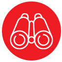 Vendor Accountability icon, red circle with binocular icon