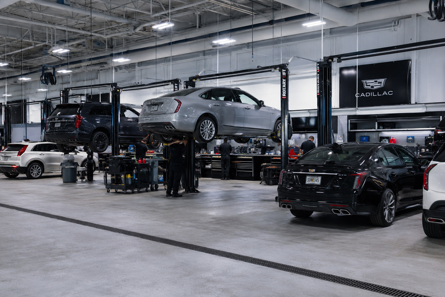 Full Cadillac dealership service bays with multiple vehicles, lifts and factory-trained technicians at work.