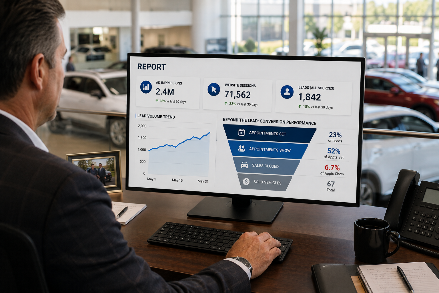 Dealership advertising report showing strong traffic and lead volume but weak appointment set, show and close rates