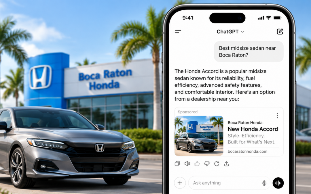 ChatGPT Ads for car dealerships featuring a Honda Accord and Boca Raton Honda sponsored ad