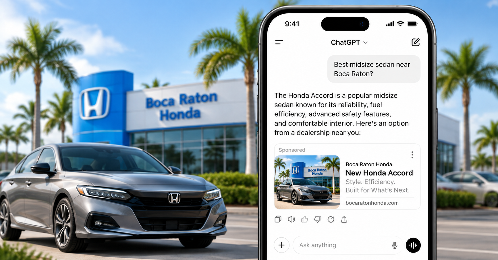 ChatGPT Ads for car dealerships featuring a Honda Accord and Boca Raton Honda sponsored ad